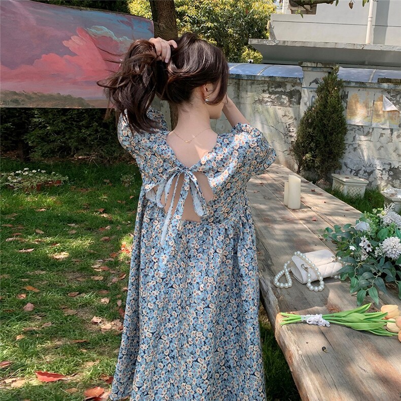 法式复古泡泡袖碎花连衣裙女夏2025新款文艺范设计感小众独特长裙,女装连衣裙,浙宝189