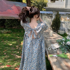 法式复古泡泡袖碎花连衣裙女夏2025新款文艺范设计感小众独特长裙，女装连衣裙，浙宝189