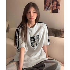 抖音得物品质二开240克宽松纯棉美式潮牌印花三条杠中性风短袖T恤，男装T恤，电商A486