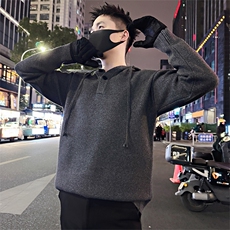 LV304/P98控138冬季慵懒韩风两粒扣连帽针织套头毛衣男深灰首1，男装针织衫/毛衣，星座305B