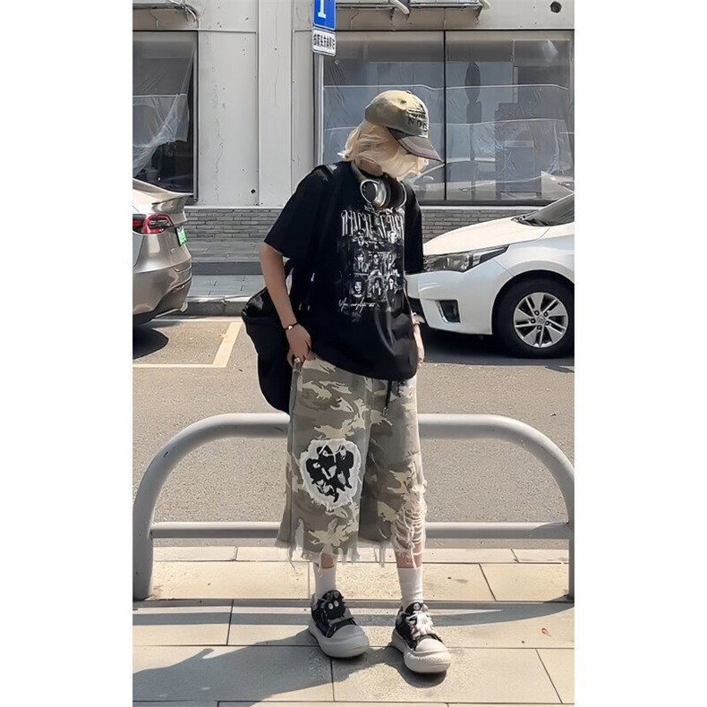 【有货】A339CC-特P48美式复古破洞补丁迷彩七分短裤男女,男装牛仔裤,星座1007（原301D）