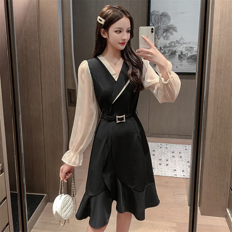 高端设计感连衣裙不规则2021年新款秋装法式休闲拼接裙子,女装连衣裙,潮品会