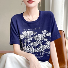 时尚提花短袖T恤女夏季2025新款打底衫洋气大码女装冰丝针织上衣，女装针织衫/毛衣，萱芳婷羊绒