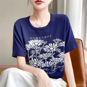 时尚提花短袖T恤女夏季2025新款打底衫洋气大码女装冰丝针织上衣图片