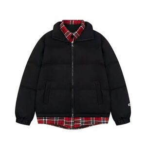 1506-1/M2081情侣款假两件套/P76冬季新款潮牌假两件格子拼接棉服图片