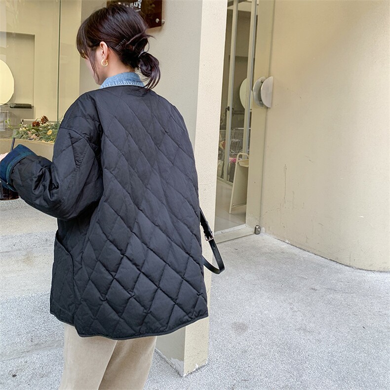黑色菱格羽绒棉服女2024冬宽松韩版洋气超好看拼接翻领牛仔小棉袄,女装棉衣/棉服,C位
