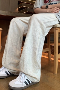 夏季亚麻透气简约纯色抽绳松紧腰宽松阔腿休闲长裤K8626-特价40图片