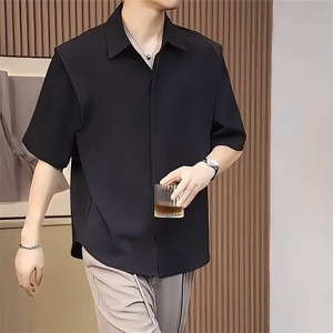 新中式垂感免烫黑色冰丝短袖衬衫男士痞帅夏季休闲白衬衣图片