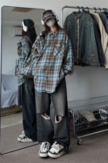 衬衫男秋季新款港风大码宽松磨毛格子长袖衬衣CS618-P38(现货），男装衬衫，星座214-3
