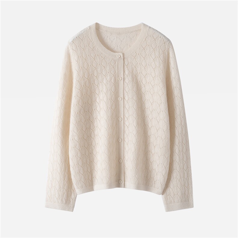 康宝莱纱线~75%山羊绒25%桑蚕丝轻奢针织开衫女圆领镂空毛衣外套，女装羊绒衫，启东羊绒