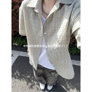 B221 美式ins高街宽松薄款泡泡格短袖衬衫SY2548-特P35控59图片