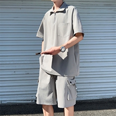 109-TZ012-特批65夏季新款翻领短袖T恤工装短裤休闲套装，男装休闲套装，星座109