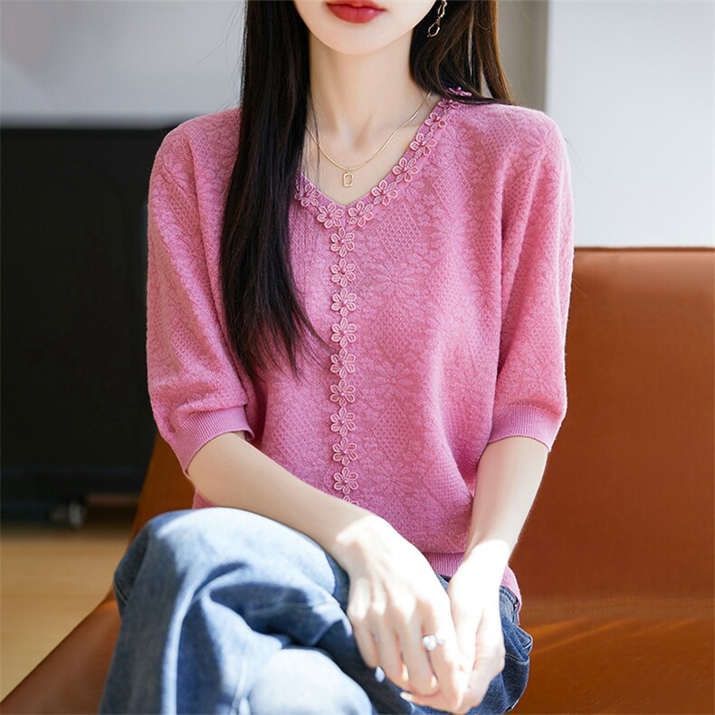 2025夏季新款蕾丝V领短袖T恤女薄款冰丝针织设计感上衣遮肉小衫,针织衫/毛衣,暖烁特种纱工厂店