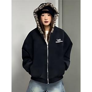 豹纹双面穿棉服连帽设计感美式麂皮绒短款男女冬季工装夹克棉衣图片