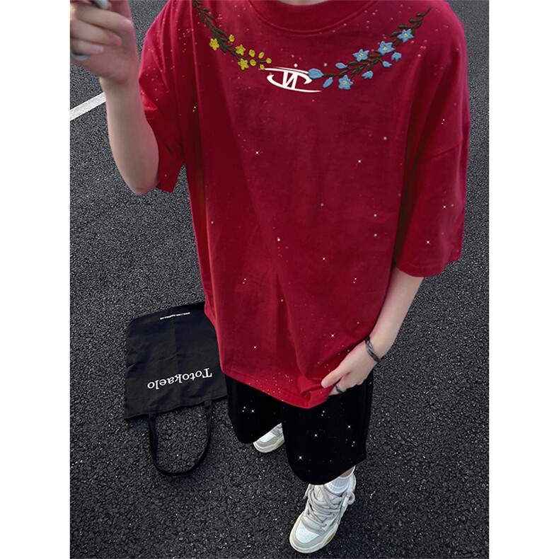 可48小时发货支持抖音得物来样二开美式满天星亮片短袖T恤MTX722,男装T恤,电商A486