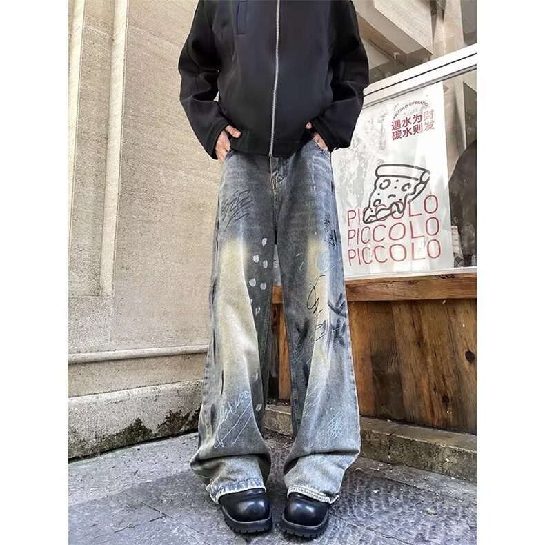 美式vintage涂鸦牛仔裤男潮牌水洗宽松阔腿裤春秋季痞帅休闲长裤，男装牛仔裤，星座601-1