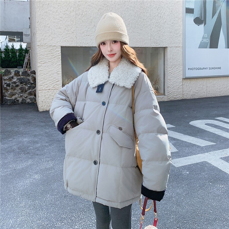 翻领面包服羽绒服女中长款卡其色加厚外套2025冬季新款设计感宽松,女装羽绒服,2C300