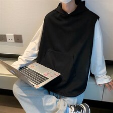 日系开衩侧排扣带帽卫衣马甲男春秋套头宽松慵懒风上衣W5531-P32，男装卫衣，星座512-2