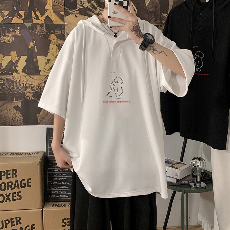 LD54140-P45 NASA连帽短袖t恤男大码胖子带帽五分袖中袖图片