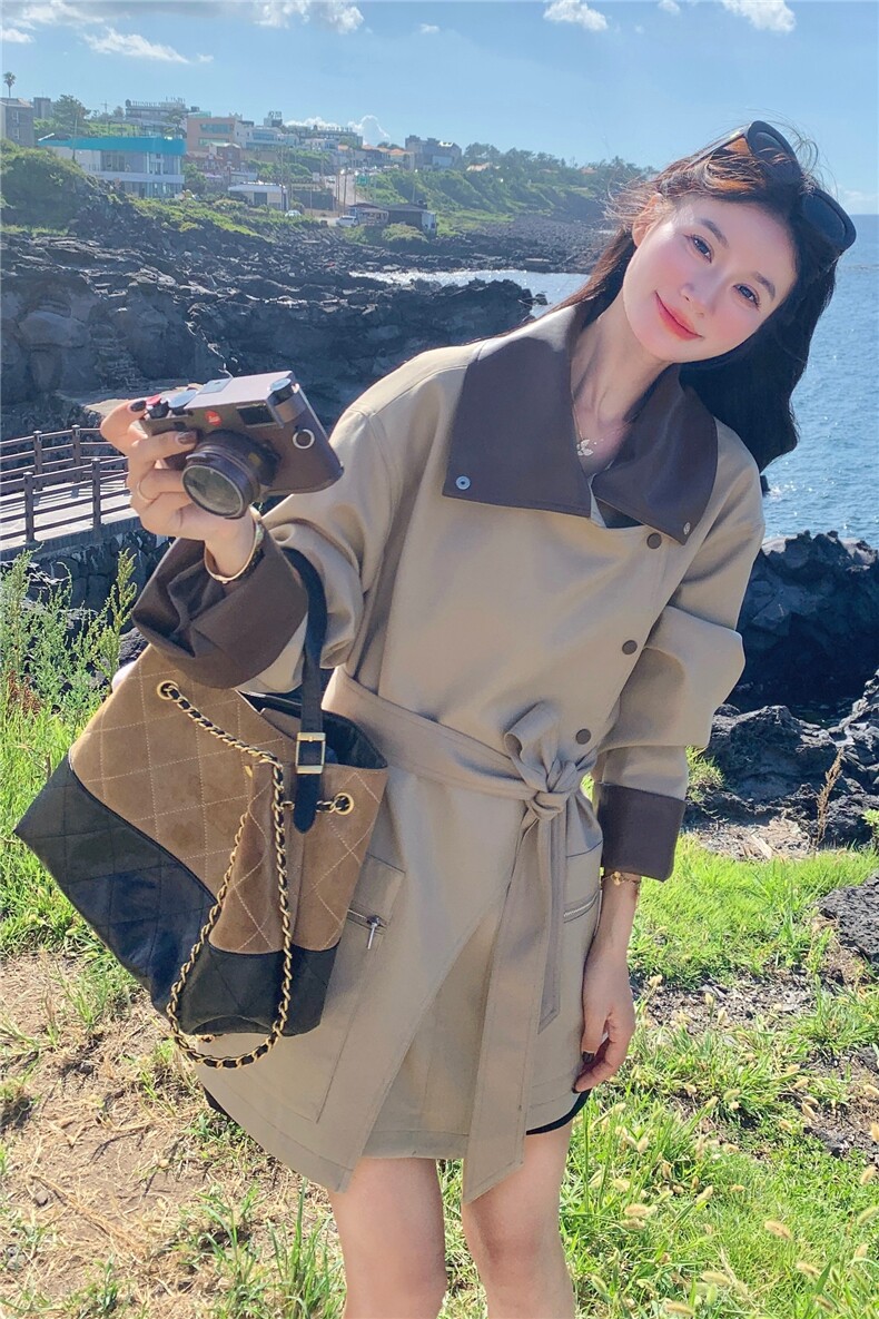 巴恩风卡其色风衣外套女春秋2025新款超火好看高级小众中长款大衣,女装短外套,2C133