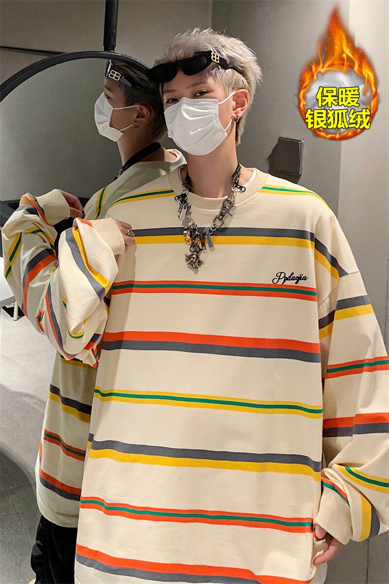 薄款改加绒特批P50无差价冬新银狐绒大码条纹长袖T恤男T1701J加绒,男装T恤,电商A001-1
