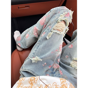 美式高街微喇牛仔裤男款夏季薄款设计感小众直筒乞丐花卉破洞裤子图片