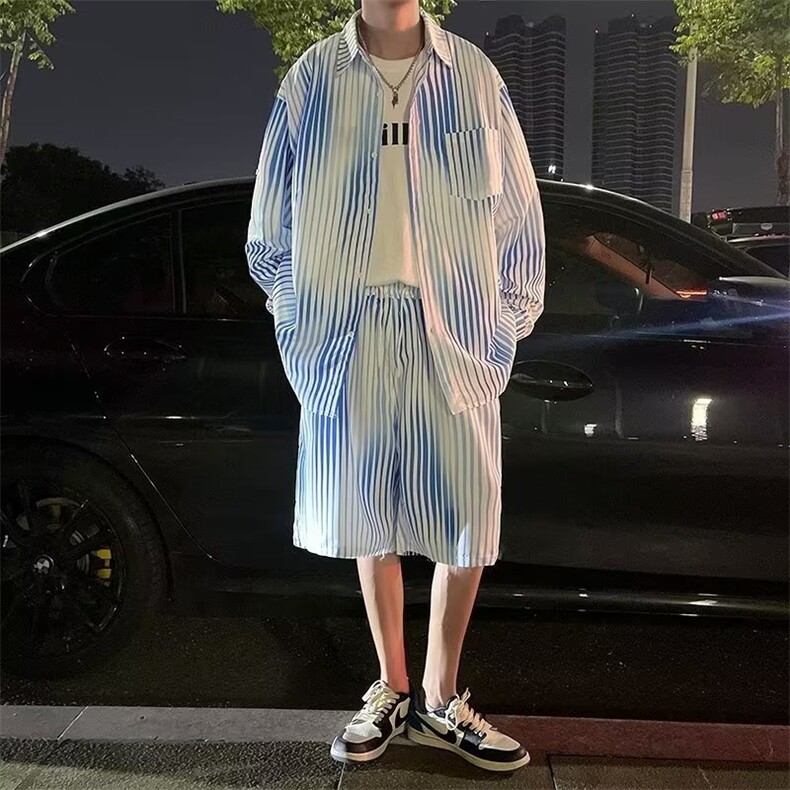 衬衣短裤套装情侣时尚条纹套装C630P48,男装休闲套装,星座1116-2