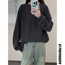 主推磨毛小碎格慵懒风长袖T圆领秋季打底衫男女中性风卫衣外套P28，男装卫衣，电商C306-1