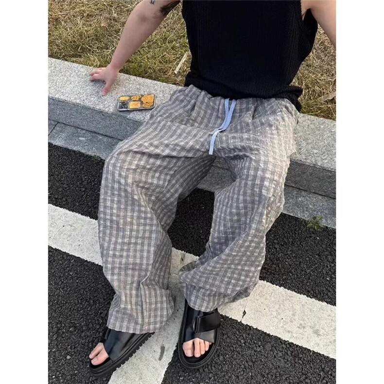 A765薄款格子休闲裤男美式复古慵懒风直筒哈伦裤NIS韩版运动长裤,女装休闲裤,星座308A-1（原309B-1）