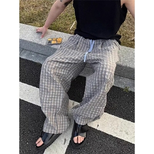 A765薄款格子休闲裤男美式复古慵懒风直筒哈伦裤NIS韩版运动长裤图片