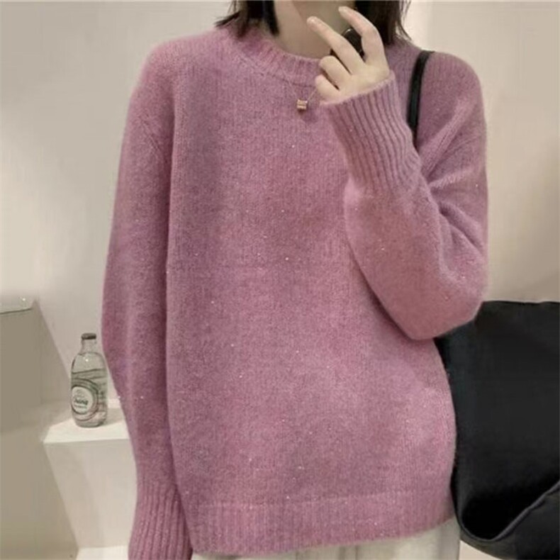 圆领亮闪羊绒毛衣女2025冬季法式宽松外穿亮丝针织衫羊毛打底上衣,针织衫/毛衣,萱芳婷羊绒
