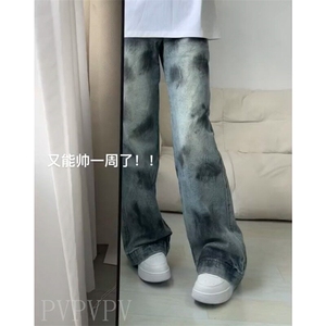 DK948-P55泼墨脏脏阔腿牛仔裤男美式高街宽松直筒裤子-网图现货图片