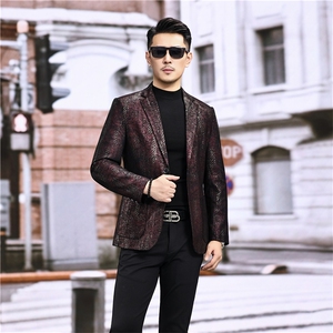 春秋款男士绵羊皮西服真皮休闲外套中年男装百搭通勤夹克墨紫纹图片