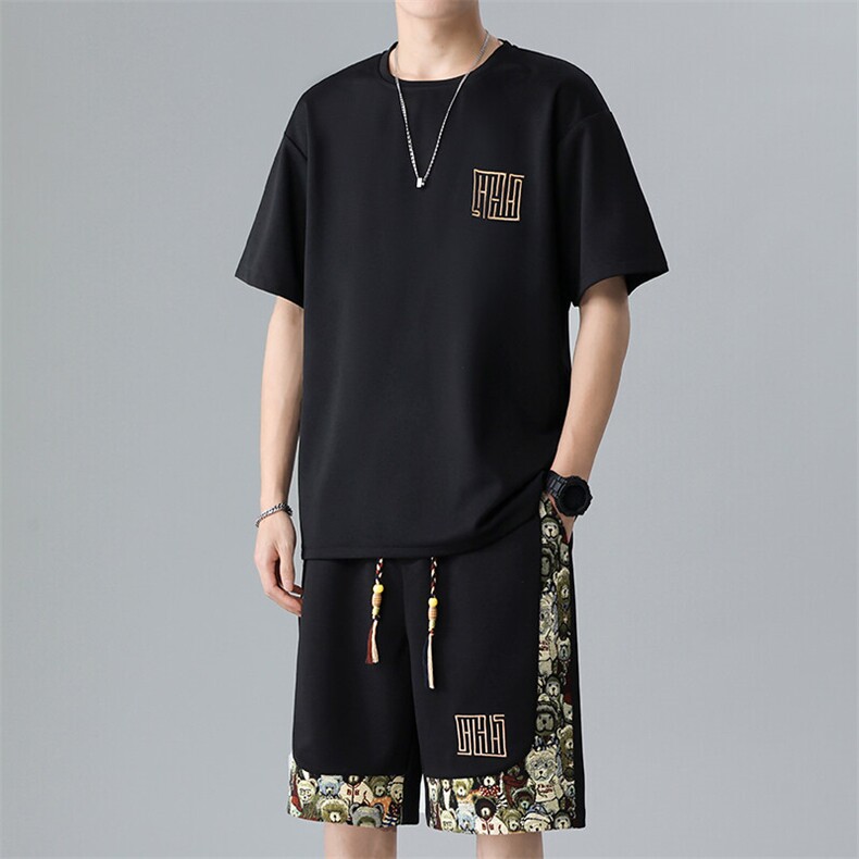 夏季菠萝格休闲运动套装男刺绣宽松T恤短裤一套A266-TZ7708-P48,男装牛仔裤,电商A266