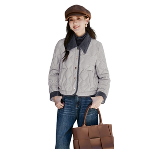撞色翻领轻薄菱格短款羽绒服女2025冬季新款气质小香风白鸭绒外套图片
