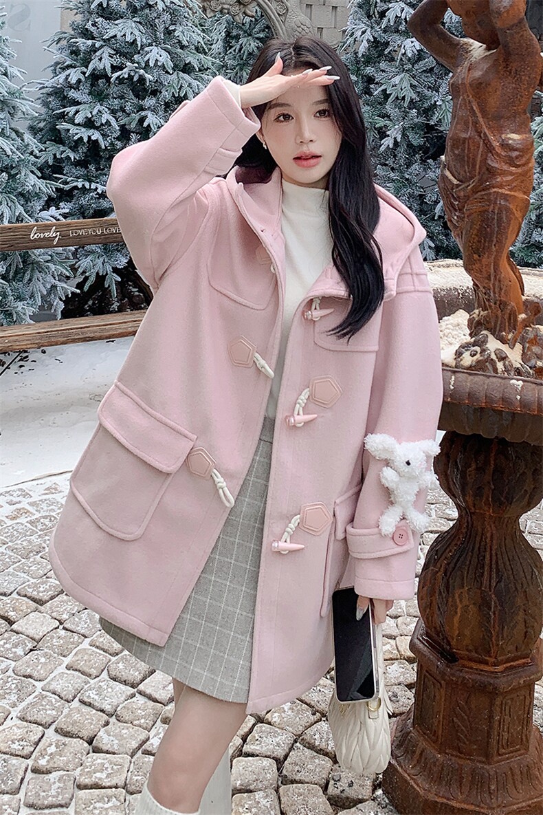 雪景甜美粉色牛角扣毛呢连帽外套（可拆卸玩偶）,女装毛呢外套,天使之佳话