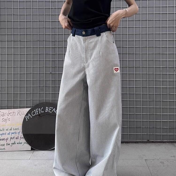 爱心刺绣条纹裤子男款美式复古中高腰直筒裤宽松阔腿弯刀微喇裤潮,男装休闲裤,星座603-2