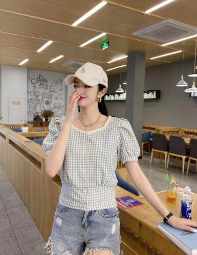 后系带花边领格子上衣，女装，斐伦缇娜