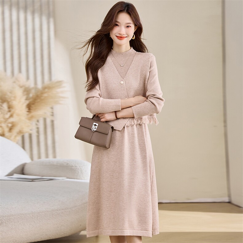 2025新款秋冬咖色高级感气质中长款过膝半高领毛衣裙两件套女打底，女装羊毛衫，艾米