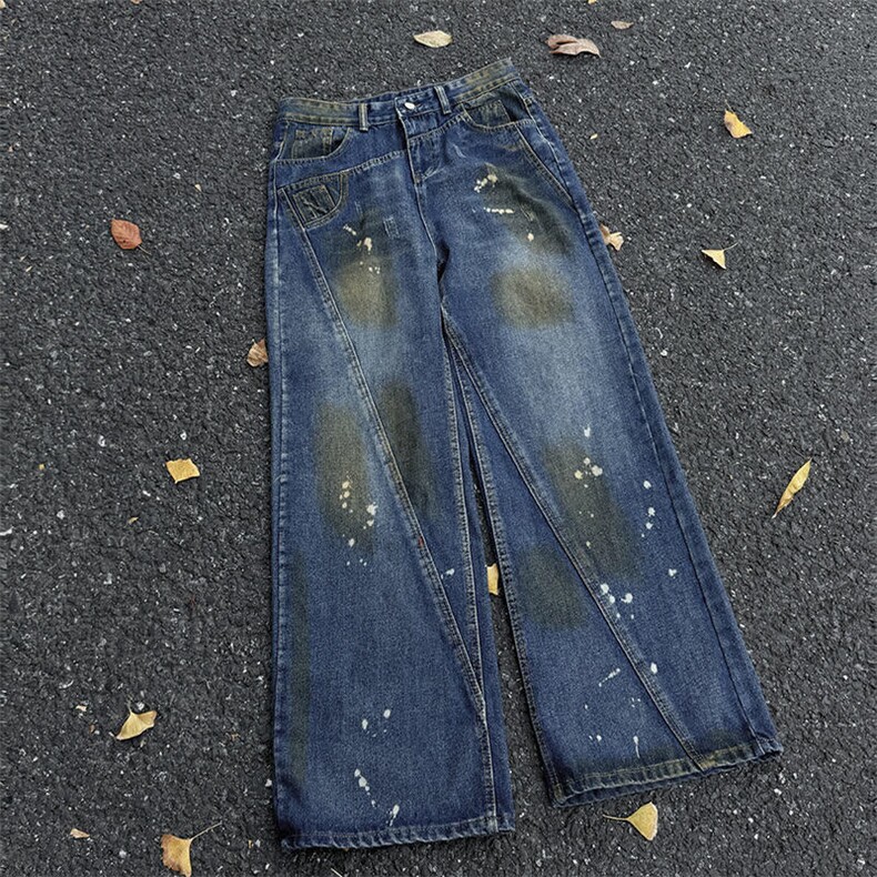做旧泼墨牛仔裤男女美式高街痞帅解构拼接小众宽松水洗阔腿长裤子，男装牛仔裤，星座601-1