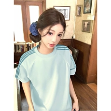 抖音得物品质二开240克宽松纯棉美式潮牌印花三条杠中性风短袖T恤，男装T恤，电商A486