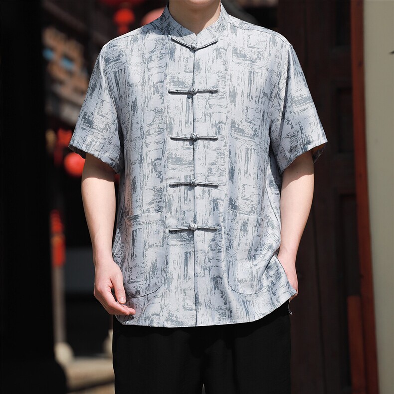 D4211^风半袖男上衣夏季新中式男士衬衫唐装一字扣短袖T,男装T恤,钱塘777(原3023)
