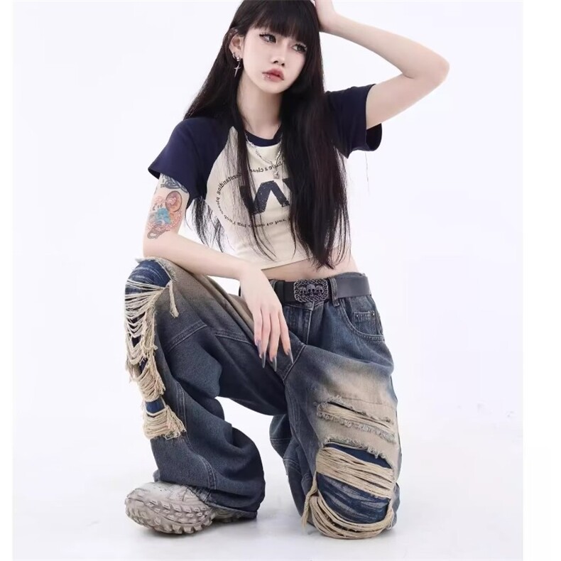 美式复古高级感拼接秋冬牛仔裤男宽松高街阔腿垂感直筒裤长裤,男装牛仔裤,星座1210-1