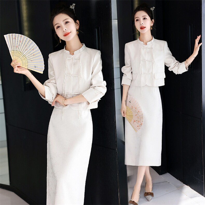 2025春时尚潮流减龄显瘦复古风盘扣立领两件套气质套装裙，女装套装/套裙，施恩睿棋