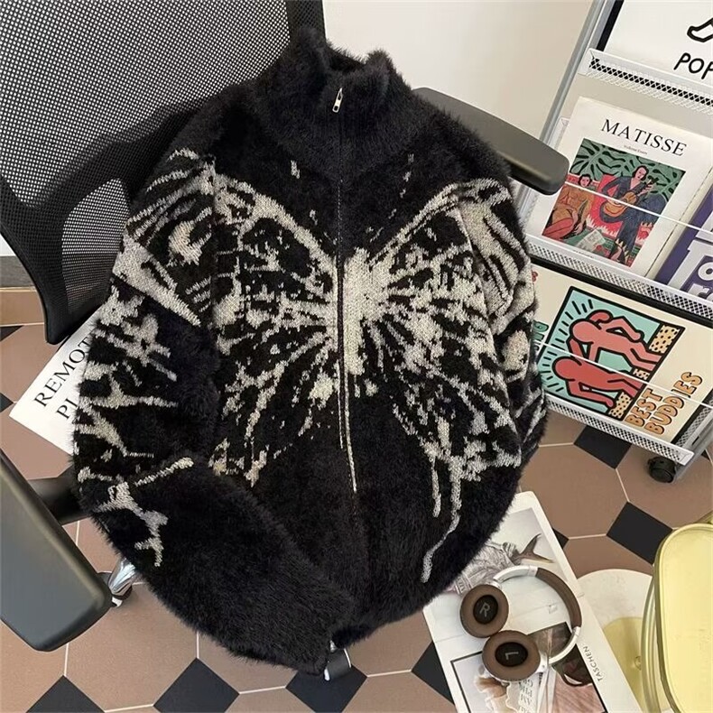 美式复古蝴蝶提花拉链开衫毛衣男女冬季潮街头针织外套MY932P56,男装针织衫/毛衣,星座1013-5
