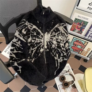 美式复古蝴蝶提花拉链开衫毛衣男女冬季潮街头针织外套MY932 P56图片