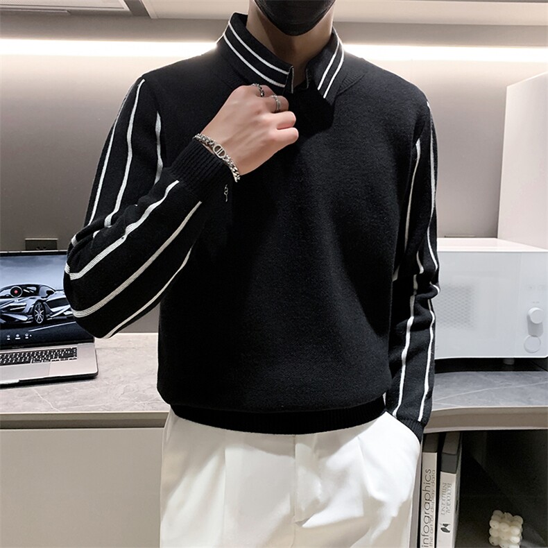 301A-1/M60/P75 24秋冬男士翻领假二件拼接针织长袖毛衣男打底衫图片