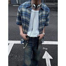 CS02ZZ-特P35法兰绒格子衬衫短袖男款夏季vintage金属纽扣衬衣，男装T恤，星座1007（原301D）
