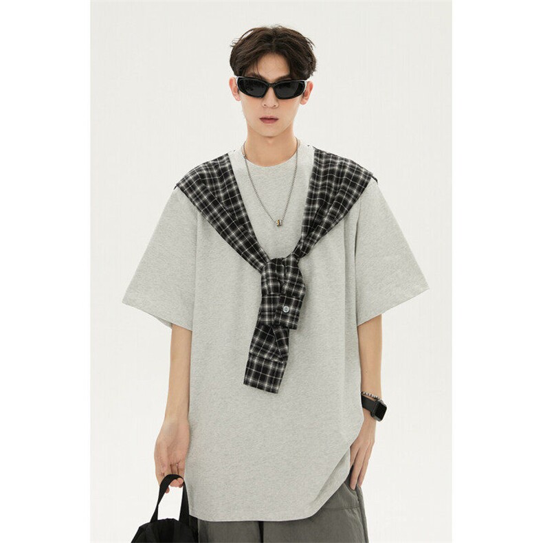 潮情侣美式拼接打结格子假两件短袖纯棉XZ225-3-T15-P45控65，男装T恤，星座225-3