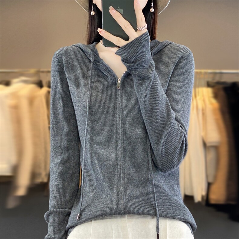 精纺细羊毛连帽针织开衫女修身运动休闲毛衣外搭时尚上衣外套秋冬,女装羊毛衫,东远绒业